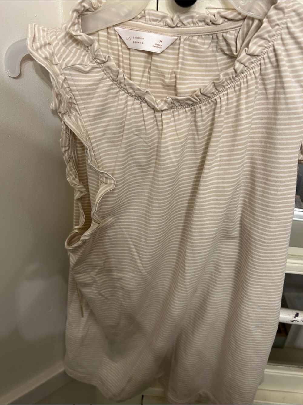 LC Lauren Conrad Cream and White Striped Ruffle Sleeve Tank